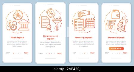 Savings, deposit investment onboarding mobile app page screen vector template. Different deposit types. Walkthrough website steps with linear illustra Stock Vector