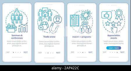 Corporate event management onboarding mobile app page screen with linear concepts. Seminars & conferences, incentive programs, appreciation events wal Stock Vector