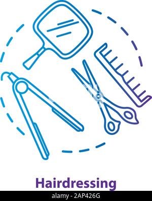 Hairdressing blue concept icon. Hairdresser salon professional equipment idea thin line illustration. Scissors, straightening iron. Blue gradient vect Stock Vector