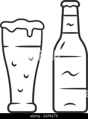 Beer linear icon. Uncorked bottle and glass of beverage. Bottled and ...