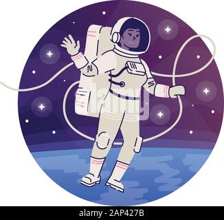 Cosmonaut floating in outer space flat concept icon. Female astronaut in spacesuit exploring cosmos sticker, clipart. Interstellar travel isolated car Stock Vector