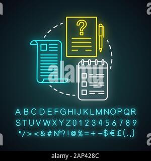 Agenda, speaker bio & FAQ neon light concept icon. Conference, appointment planning idea. Planner, reminder. Documents, notes and checklists. Glowing Stock Vector