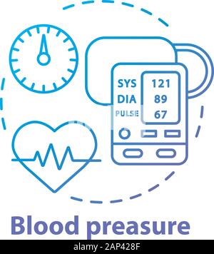 Blood pressure control device concept icon. Heart monitoring idea thin line illustration. Systolic and diastolic pressure on manometer screen. Vector Stock Vector