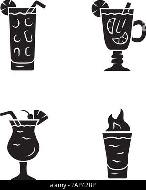 Drinks glyph icons set. Cocktail in highball glass, hot toddy, pina colada, flaming shot. Alcoholic mixes and soft drinks. Beverages. Silhouette symbo Stock Vector