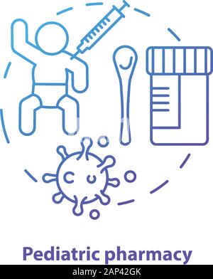 Pediatric pharmacy concept icon. Children medication idea thin line illustration. Vaccination and illness medicine for babies. Kids treatment. Vector Stock Vector