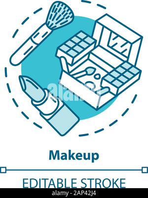 Makeup blue concept icon. Make up artist kit, equipment idea thin line illustration. Eye shadows, lipstick and brush vector isolated outline drawing. Stock Vector