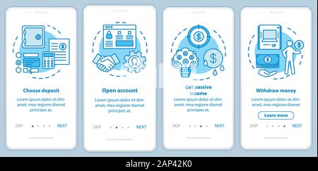 Bank deposit operations onboarding mobile app page screen with linear concepts. Banking service. Four walkthrough steps graphic instructions. UX, UI, Stock Vector