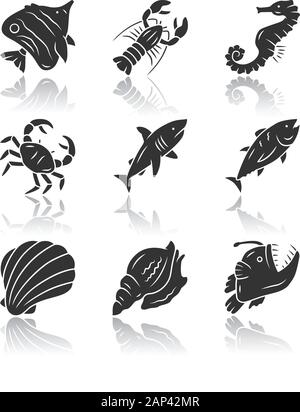 Marine animals drop shadow black glyph icons set. Swimming shark, anglerfish, butterflyfish. Underwater creature. Aquatic organism. Seafood restaurant Stock Vector