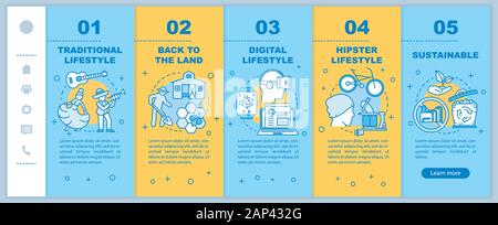 Lifestyle types onboarding mobile web pages vector template. Hipster living. Responsive smartphone website interface idea with linear illustrations. W Stock Vector