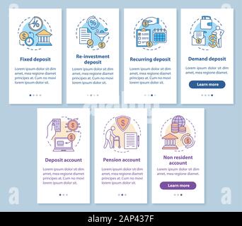 Savings, deposit investment onboarding mobile app page screen with linear concepts. Different deposit types. Walkthrough steps graphic instructions se Stock Vector