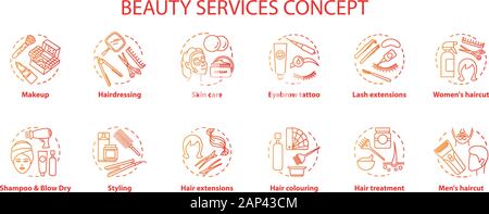 Beauty services concept icons set. Beauty salon, SPA skin care procedures idea thin line illustrations. Hairdressing and makeup. Red gradient vector i Stock Vector