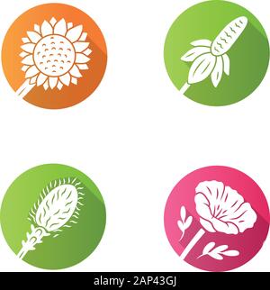 Wild flowers flat design long shadow glyph icons set. Helianthus, California poppy, mexican hat, liatris. Blooming wildflowers, field weed. Spring blo Stock Vector