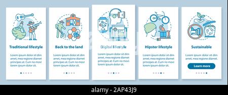 Lifestyle types onboarding mobile app page screen with linear concepts. Traditional, digital, hipster life style walkthrough steps graphic instruction Stock Vector