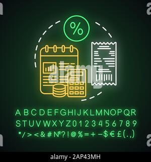Deposit calculator neon light concept icon. Savings idea. Accounting tool. Budgeting and financing. Counting profits. Glowing sign with alphabet, numb Stock Vector