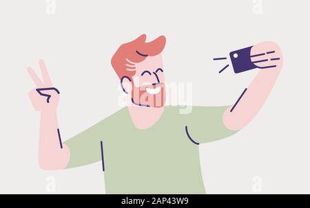Selfie pose flat vector illustration. Happy man taking self photo. Smiling guy showing v-sign for portrait in smartphone camera. Mobile phone photogra Stock Vector
