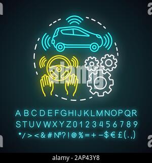 High automation neon light concept icon. Car autonomous features. Steering Assist, autopilot. Driverless vehicle idea. Glowing sign with alphabet, num Stock Vector