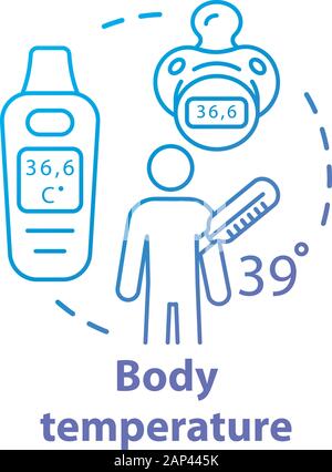 Body temperature measuring gadgets concept icon. Patient having fever idea thin line illustration. Electronic thermometer pacifier for kids. Vector is Stock Vector