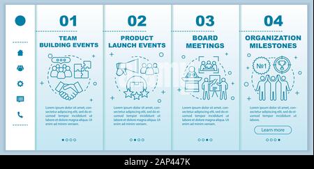 Corporate event management services onboarding mobile web pages vector template. Team building, product launch events. Responsive smartphone website i Stock Vector