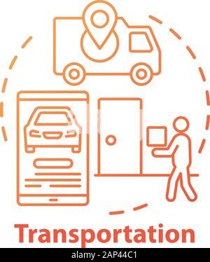 Transportation industry concept icon. Express home delivery business idea thin line illustration. Customer service. Van, smartphone and courier with p Stock Vector