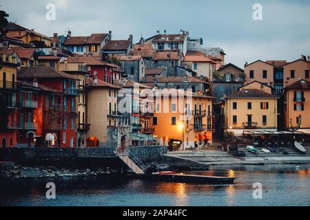 Evening view city Bellagio and Varenna Como water lake Italy blue sky mountain Stock Photo