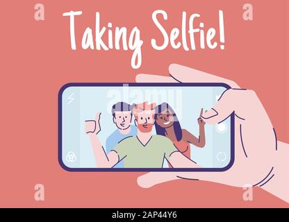 Taking selfie flat vector illustration. Hand with smartphone making self photo. Friends meeting picture. Happy people portrait on phone cartoon charac Stock Vector