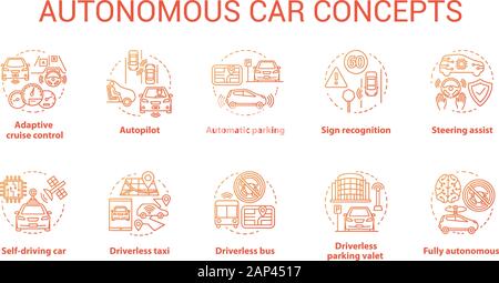 Autonomous car concept icons set. Car robotic features. Driverless vehicles. Electronic technology in safe driving idea thin line illustrations. Vecto Stock Vector