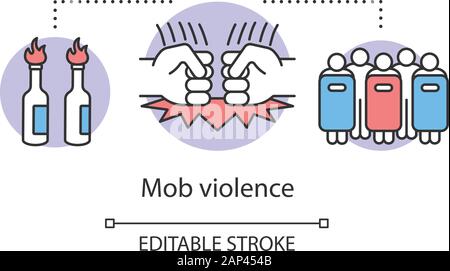 Mob violence concept icon. Civil unrest, vandalism, rebelion control idea thin line illustration. Molotov cocktails, fists and riot police with shield Stock Vector