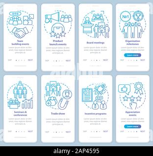 Corporate events management onboarding mobile app page screen with linear concepts. Company special events planner walkthrough steps graphic instructi Stock Vector