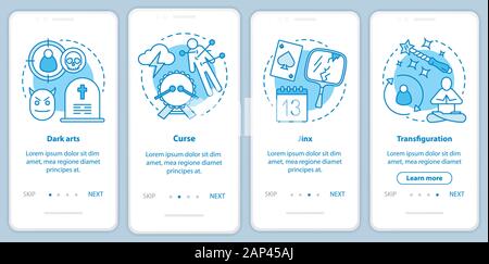 Dark magic onboarding mobile app page screen with linear concepts. Transfiguration, curse spells walkthrough steps graphic instructions. Witchcraft UX Stock Vector