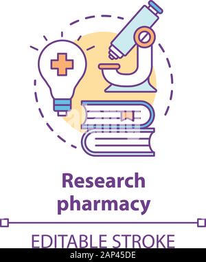 Pharmacy concept icon. Pharmaceutical research idea thin line illustration. New drugs, treatment methods discovery. Developing, improving medication. Stock Vector