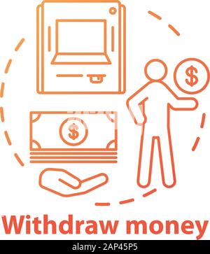 Withdraw money concept icon. Savings idea thin line illustration. Using ATM, getting cash from bank. Getting interest from deposit, bank account. Vect Stock Vector