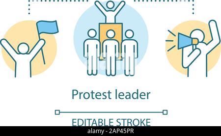 Protest leader concept icon. Public demonstration, social strike idea thin line illustration. Activist holding flag, crowd and protester with megaphon Stock Vector