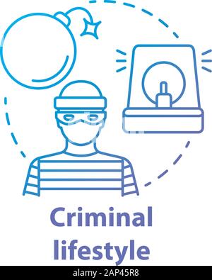 Criminal lifestyle blue concept icon. Committing crime idea thin line illustration. Terrorist with bomb. Robber, housebreaker. Terrorism attack. Vecto Stock Vector