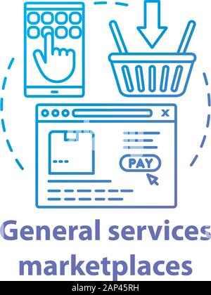 Internet general services marketplaces concept icon. On demand economy, e commerce idea thin line illustration. Smartphone, browser window and shoppin Stock Vector