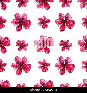 Flower blossom pattern, Japanese plum blossom, watercolor floral seamless background. Floral decoration pattern of Asian apricot or apple blossom, Chinese mume or meihua flowers and bud petals Stock Photo