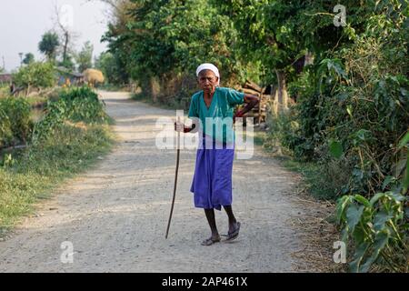 An aged woman walking with a stick on a dirt road in Bardiya Village, Nepal Stock Photo