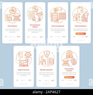 Savings, deposit investment onboarding mobile app page screen vector template. Different deposit types. Walkthrough website steps with linear illustra Stock Vector