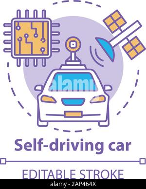 Self-driving car concept icon. Driverless, robotic automobile. Auto, microchip, satellite. Autonomous smart vehicle idea thin line illustration. Vecto Stock Vector