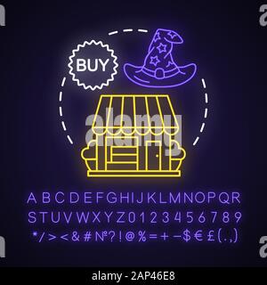 Magic shop neon light concept icon. Witchcraft accessories sale idea. Glowing sign with alphabet, numbers and symbols. Wizard hat and store building v Stock Vector