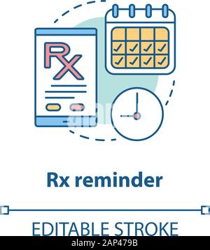 Pharmacy concept icon. Rx medication intake reminder idea thin line illustration. Prescription drugs scheduled alarm. Smartphone medicine tracker. Vec Stock Vector
