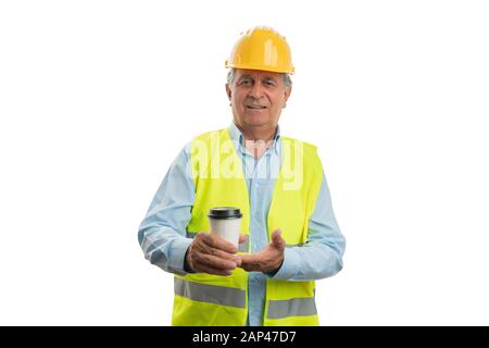 Friendly old builder man presenting carton coffee cup isolated on white background Stock Photo