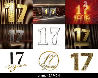 Set of number 17 (number seventeen) celebration design. Anniversary number template elements for your birthday party. 3D illustration Stock Photo