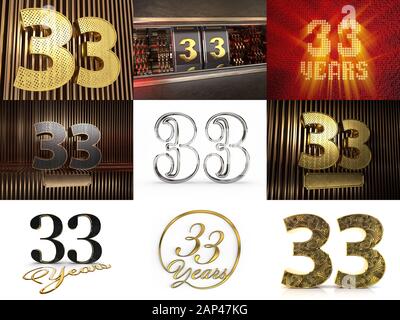 Set of number 33 (number thirty-three) celebration design. Anniversary number template elements for your birthday party. 3D illustration Stock Photo
