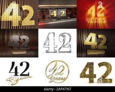 Set of number 42 (number forty-two) celebration design. Anniversary number template elements for your birthday party. 3D illustration Stock Photo