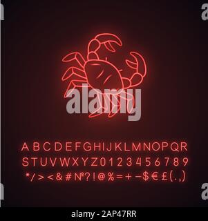 Crab neon light icon. Swimming animal with pincers. Zodiac sign. Underwater animal. Ocean aquarium. Seafood restaurant. Glowing sign with alphabet, nu Stock Vector