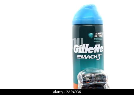 Ukraine, Kremenchug - January, 2020: Gillette Shaving Gel on white background. Gillette is an American brand of safety razors and other personal care Stock Photo