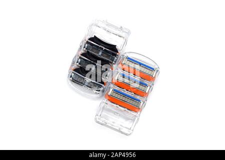 Ukraine, Kremenchug - January, 2020: Gillette Shaving Gel on white background. Gillette is an American brand of safety razors and other personal care Stock Photo