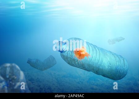 Goldfish trapped on the plastic bottle on the ocean. Plastic pollution Stock Photo