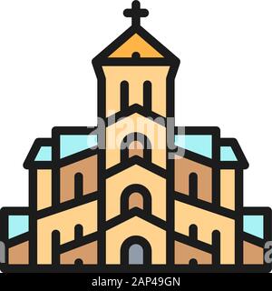 Vector georgian orthodox church, Tbilisi flat color line icon. Stock Vector