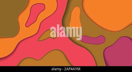 Paper Cut Abstract Background, Bright Colors Red Orange Brown Purple Layers for Presentation Banner or Business Card Design. Trendy Flow Layout Shapes Stock Vector